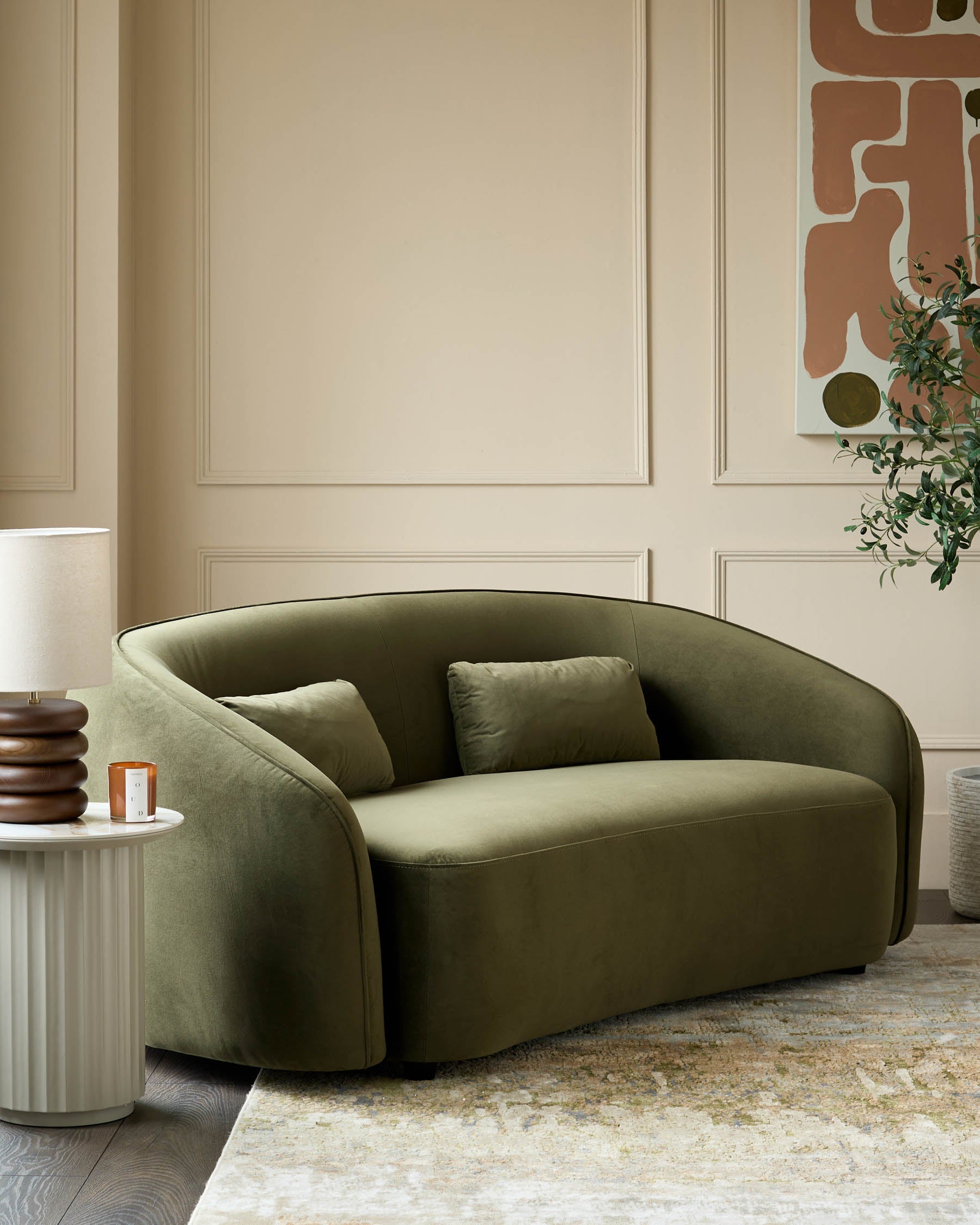 Zoey olive green velvet 2 seater sofa