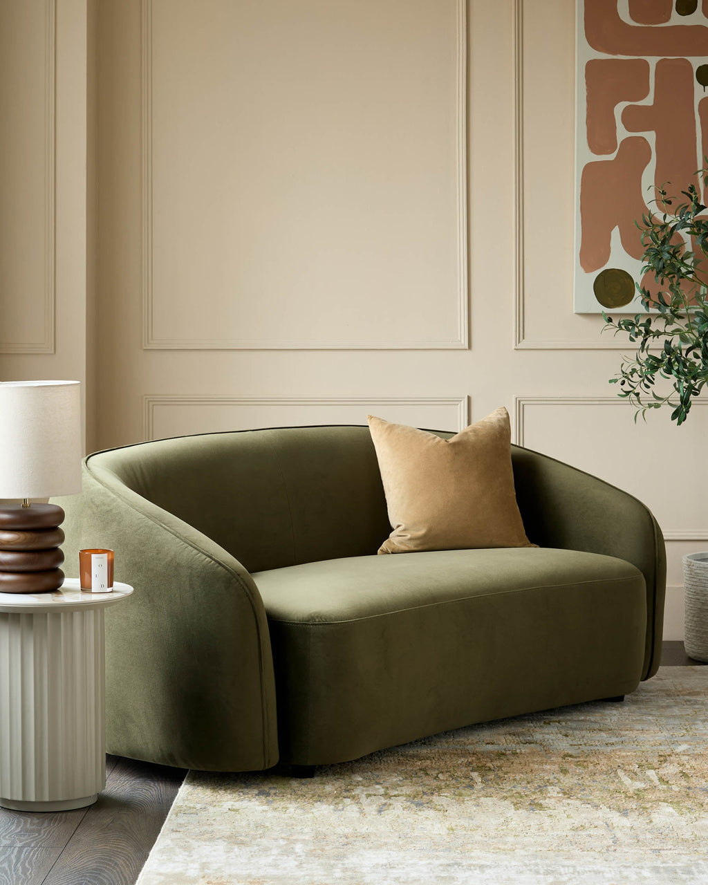 Zoey olive green velvet 2 seater sofa