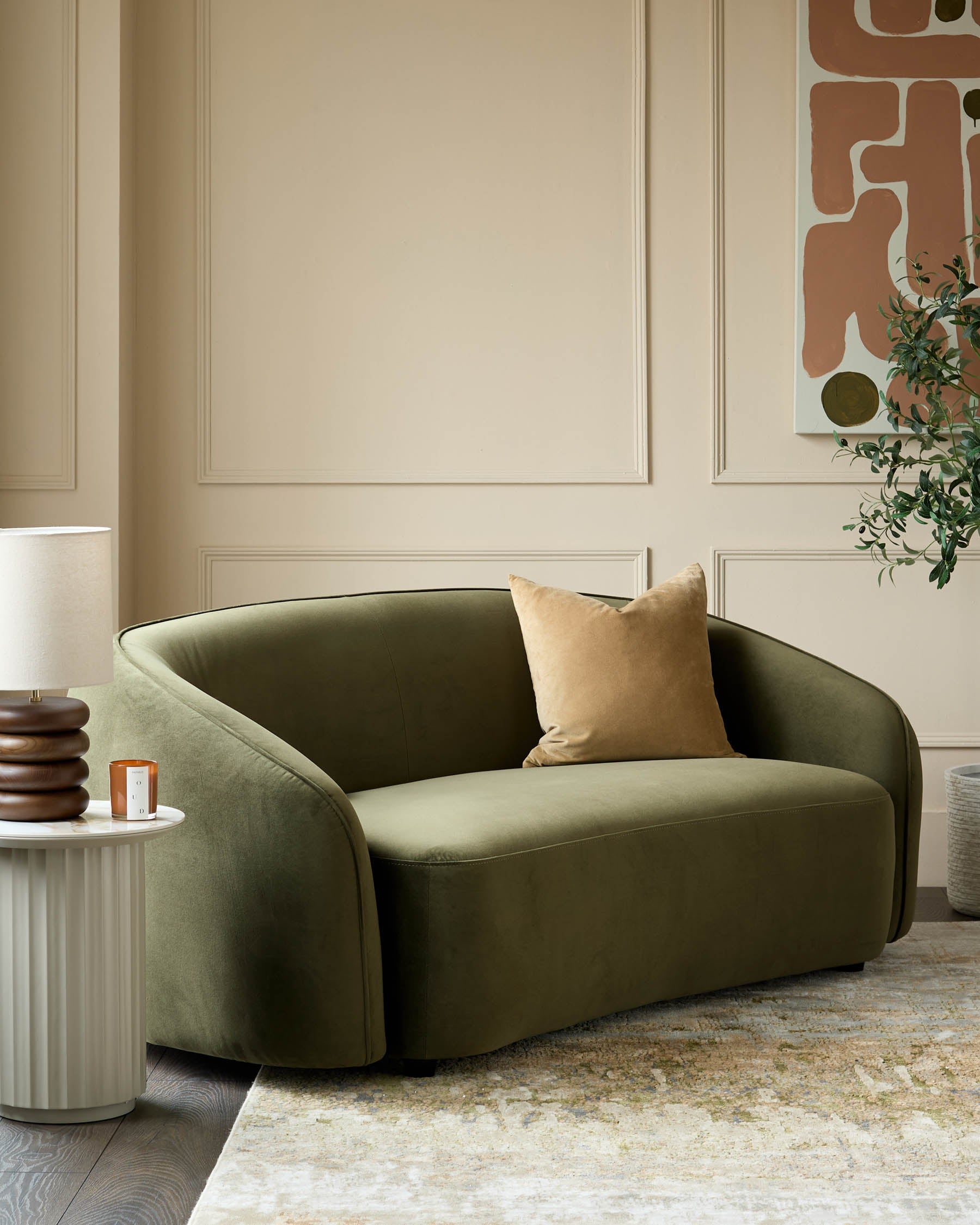 Zoey olive green velvet 2 seater sofa